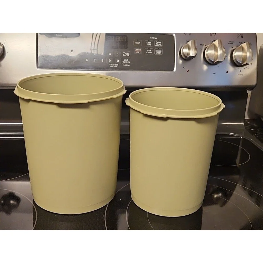 Set Of 2 Vintage Tupperware Olive Canisters #807 & #809 W/ 1 Sheer Lid #810